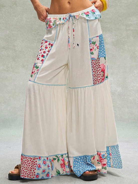 Pants - Boho Floral Print Patchwork Wide Leg Pants